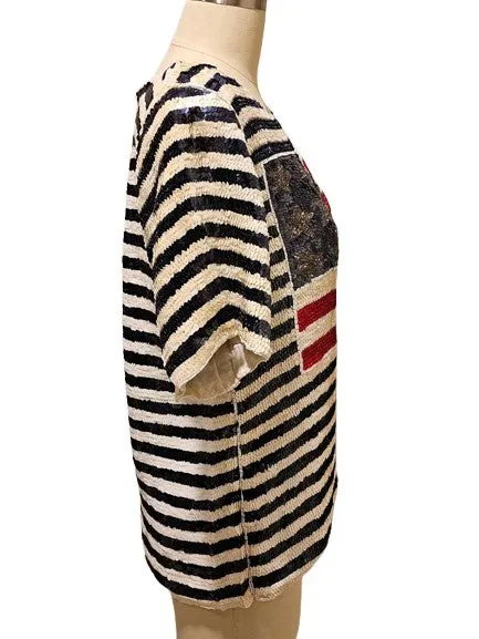 *  VINTAGE SEQUIN JEAN FOR JOSEPH LE BON RED WHITE AND BLUE TOP SILK LINING