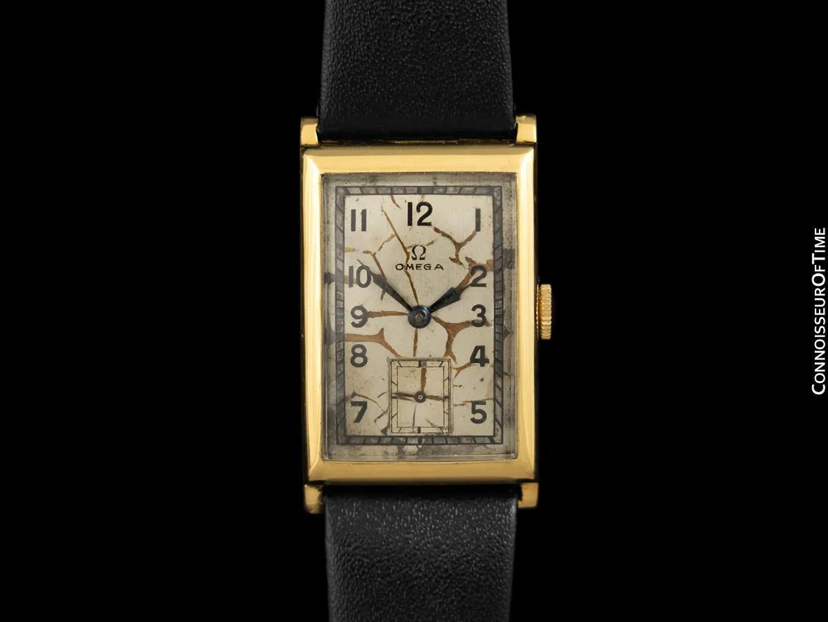 1934 Omega Art Deco Vintage Mens Watch with Tropical "Botanical" Dial - 18K Gold