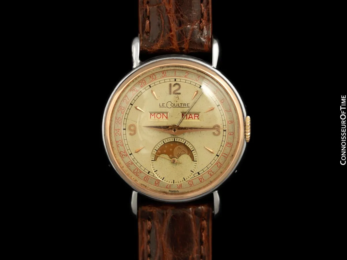 1948 Jaeger-LeCoultre Vintage Mens Triple Date Calendar Moonphase Watch - Stainless Steel & 18K Rose Gold