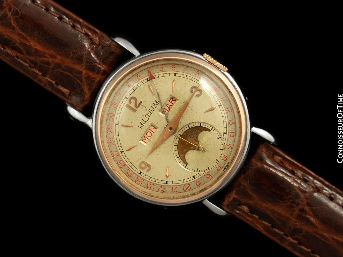 1948 Jaeger-LeCoultre Vintage Mens Triple Date Calendar Moonphase Watch - Stainless Steel & 18K Rose Gold
