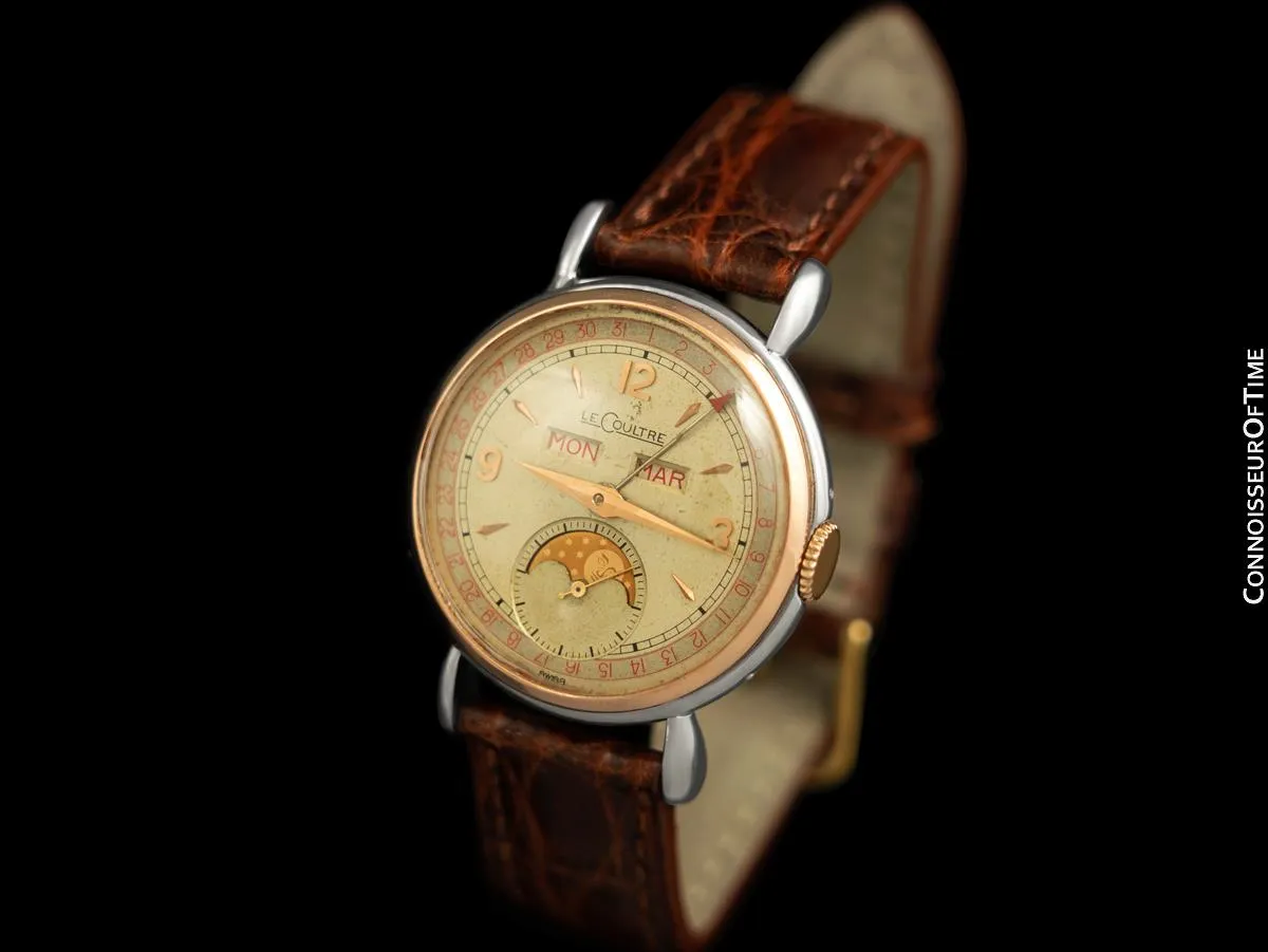 1948 Jaeger-LeCoultre Vintage Mens Triple Date Calendar Moonphase Watch - Stainless Steel & 18K Rose Gold