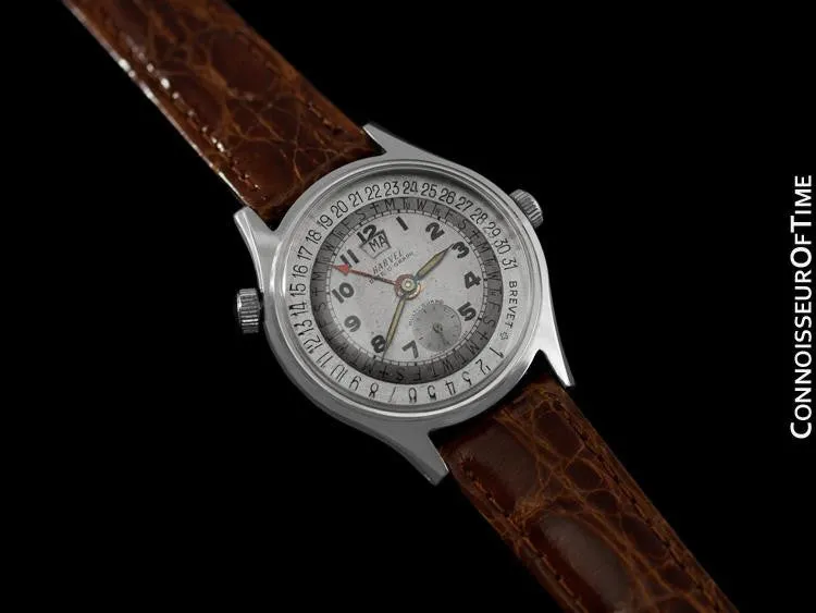 1950's Swiss Harvel Date-O-Graph Vintage Large Mens Triple Date Calendar Christian Watch - Stainless Steel