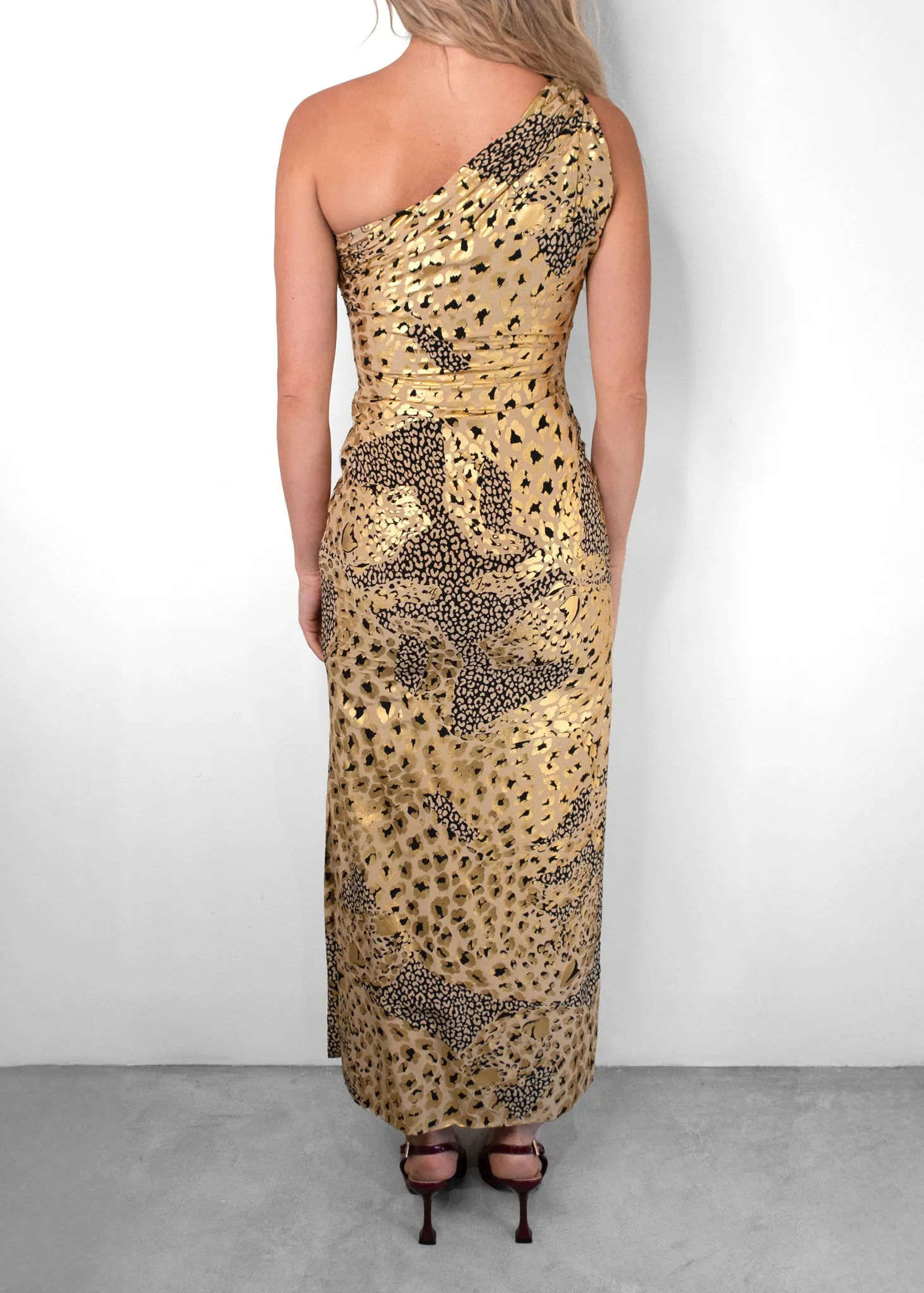 1992 Yves Saint Laurent Runway Gold Metallic Leopard Print Asymmetric Gown