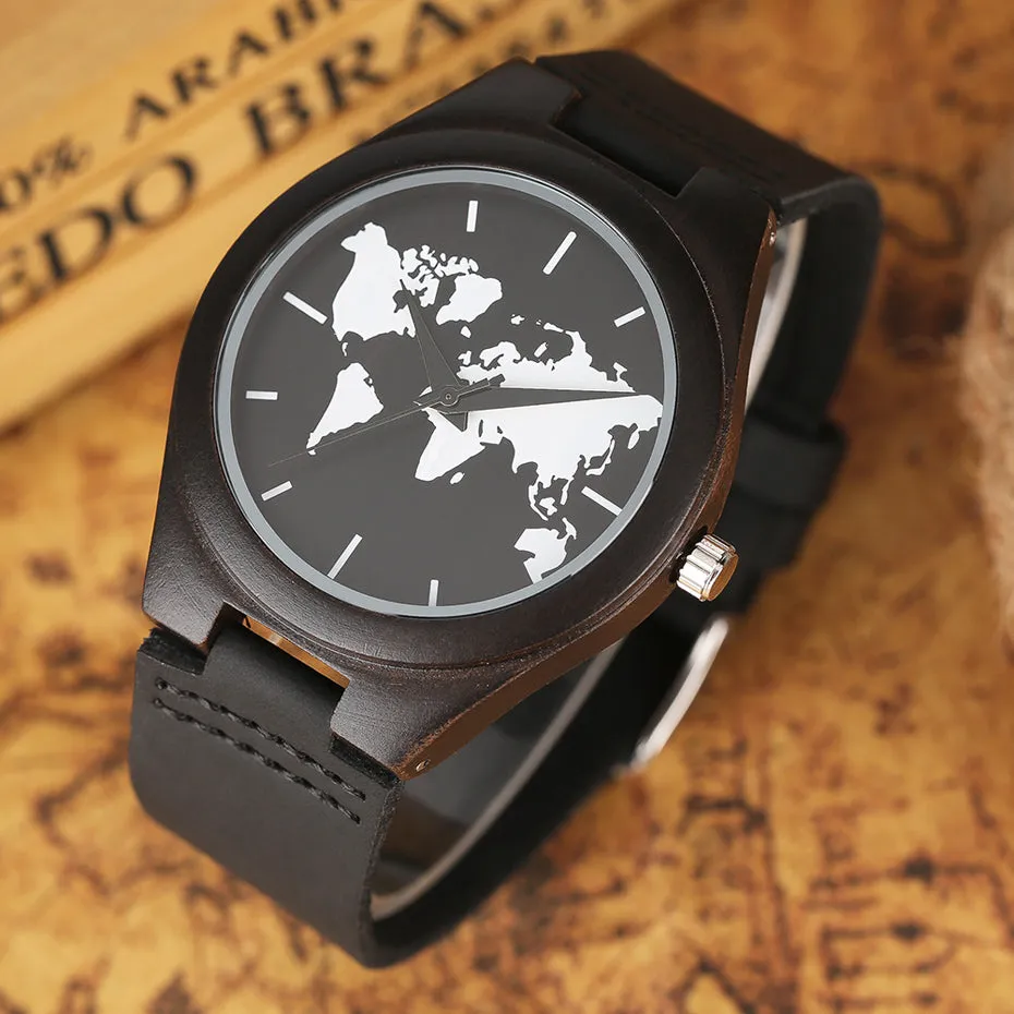 2018 Fashion Nature Ebony Wood Watch Mens World Map Handmade Black Quartz Wristwatch Minimalist Classic