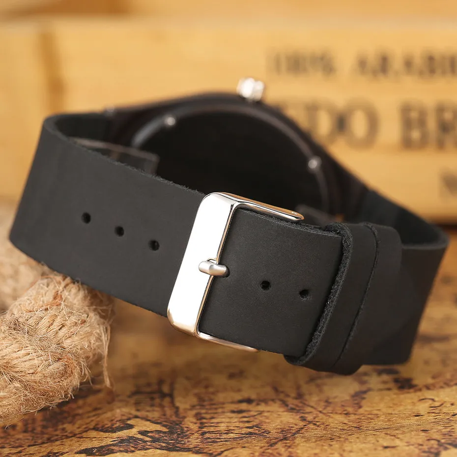 2018 Fashion Nature Ebony Wood Watch Mens World Map Handmade Black Quartz Wristwatch Minimalist Classic