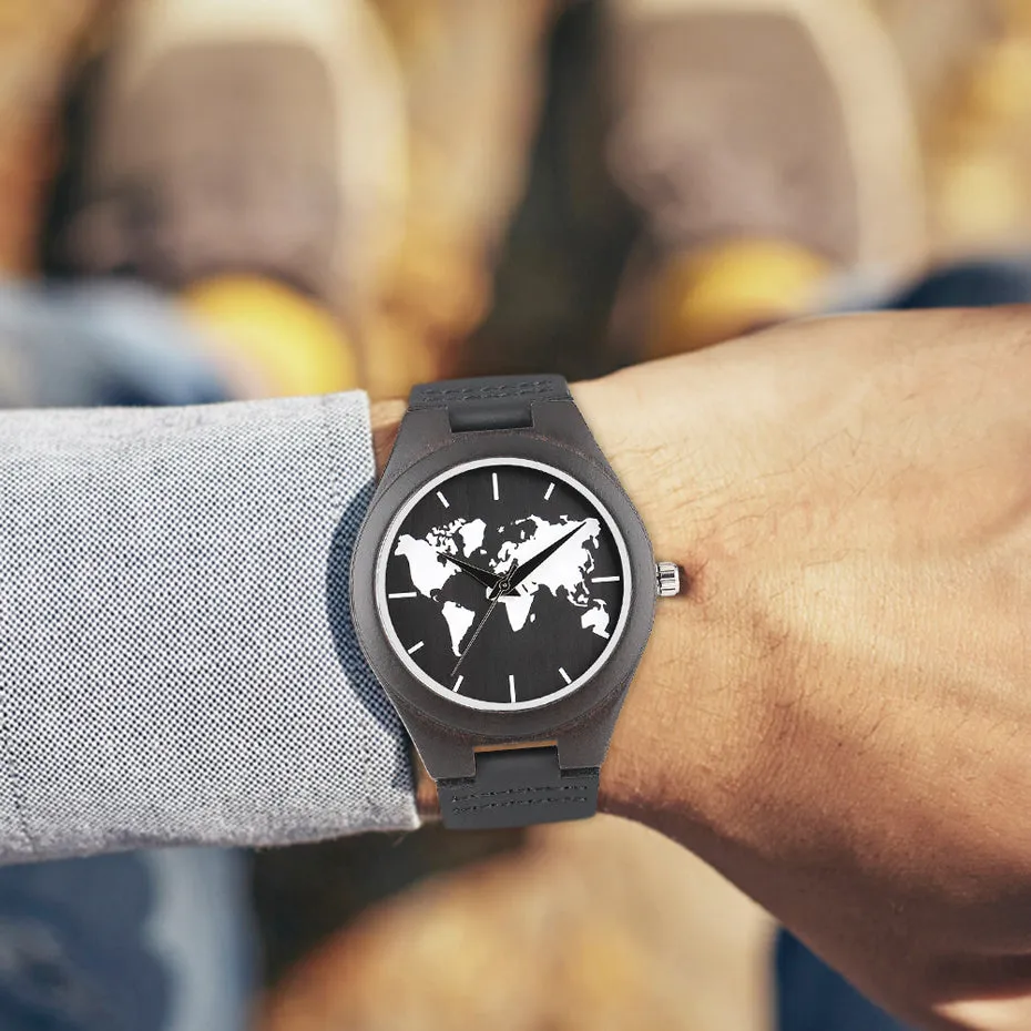 2018 Fashion Nature Ebony Wood Watch Mens World Map Handmade Black Quartz Wristwatch Minimalist Classic