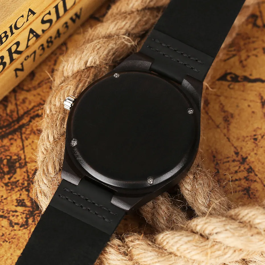 2018 Fashion Nature Ebony Wood Watch Mens World Map Handmade Black Quartz Wristwatch Minimalist Classic