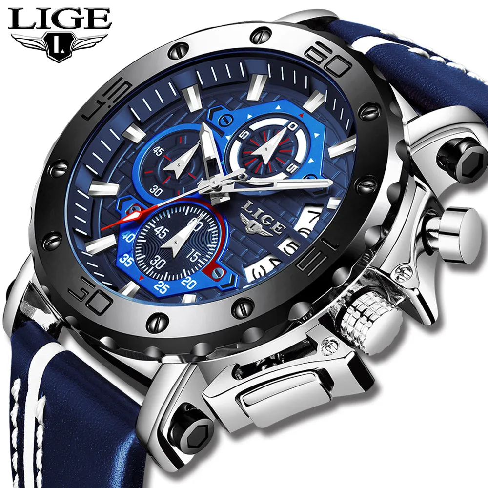 2020 LIGE New Mens Watches Top Brand Luxury Big Dial Military Quartz Watch Leather Waterproof Sport Wristwatch Relogio Masculino