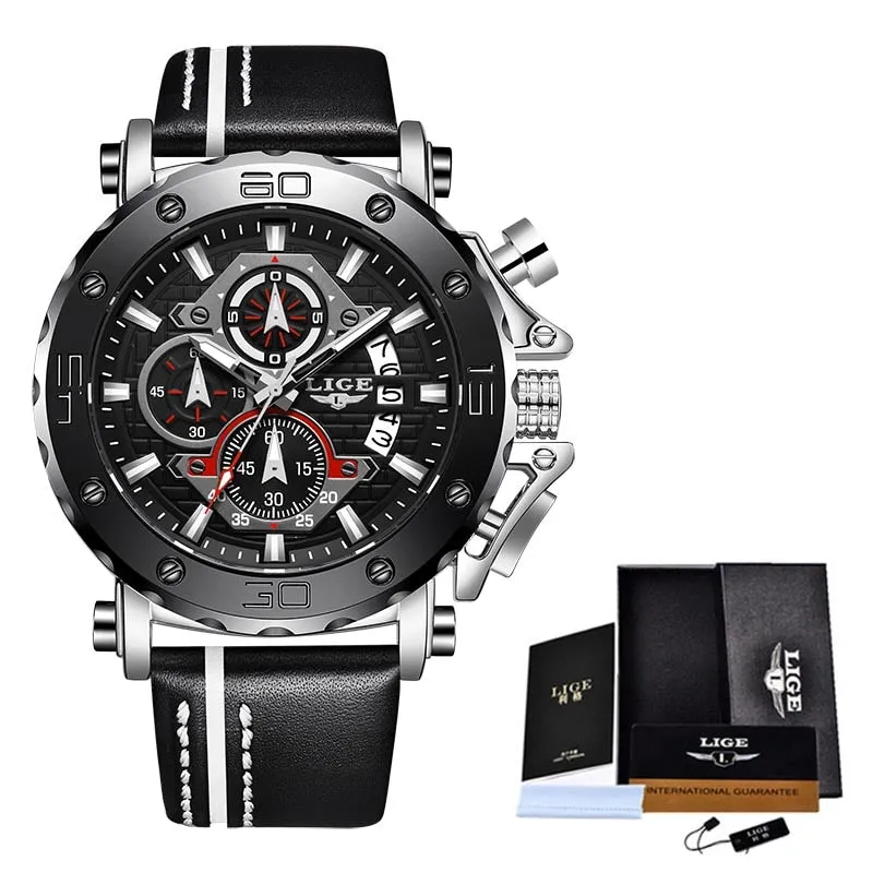 2020 LIGE New Mens Watches Top Brand Luxury Big Dial Military Quartz Watch Leather Waterproof Sport Wristwatch Relogio Masculino