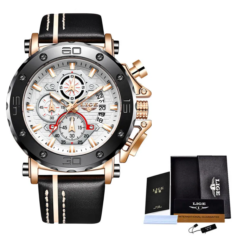 2020 LIGE New Mens Watches Top Brand Luxury Big Dial Military Quartz Watch Leather Waterproof Sport Wristwatch Relogio Masculino