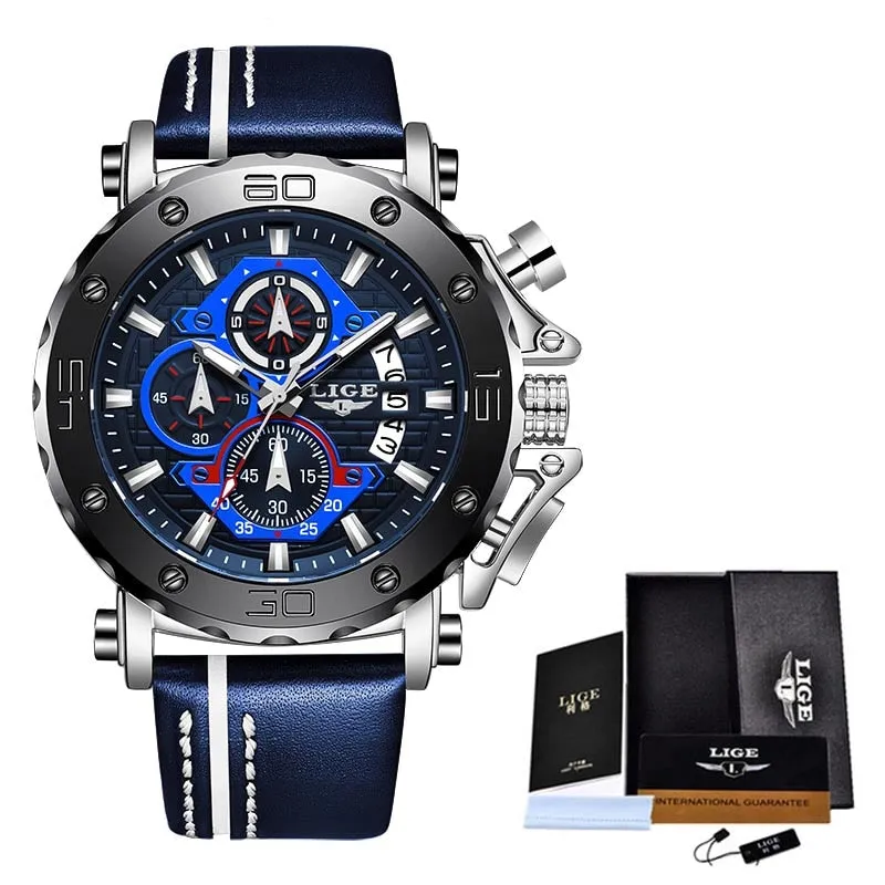 2020 LIGE New Mens Watches Top Brand Luxury Big Dial Military Quartz Watch Leather Waterproof Sport Wristwatch Relogio Masculino