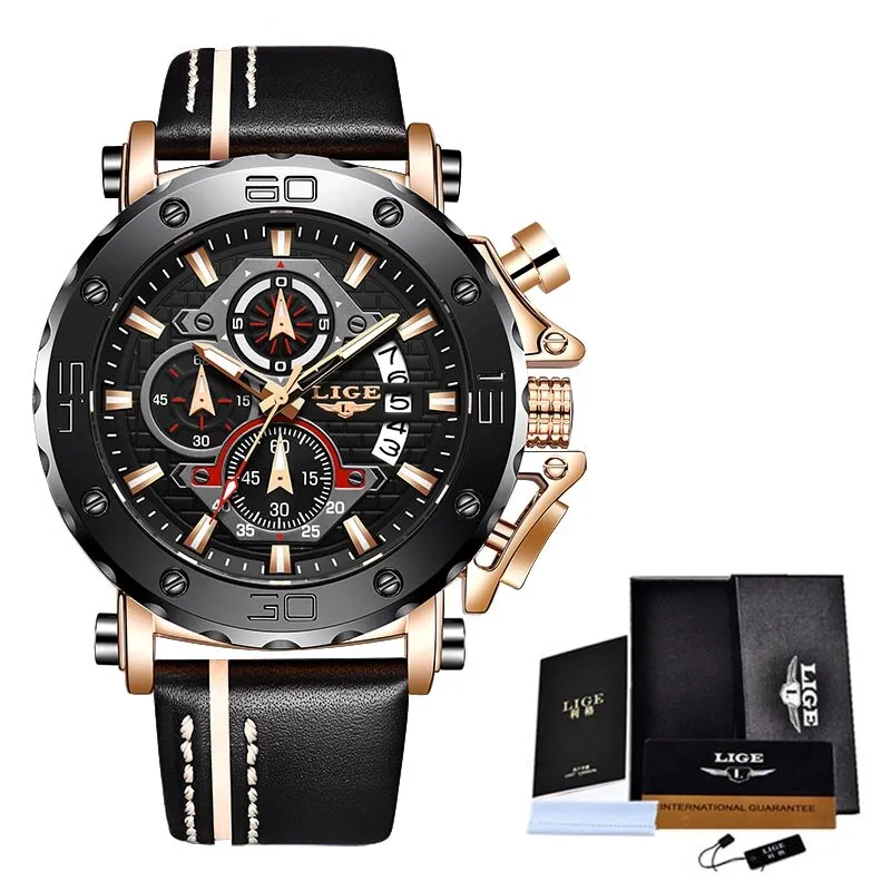2020 LIGE New Mens Watches Top Brand Luxury Big Dial Military Quartz Watch Leather Waterproof Sport Wristwatch Relogio Masculino