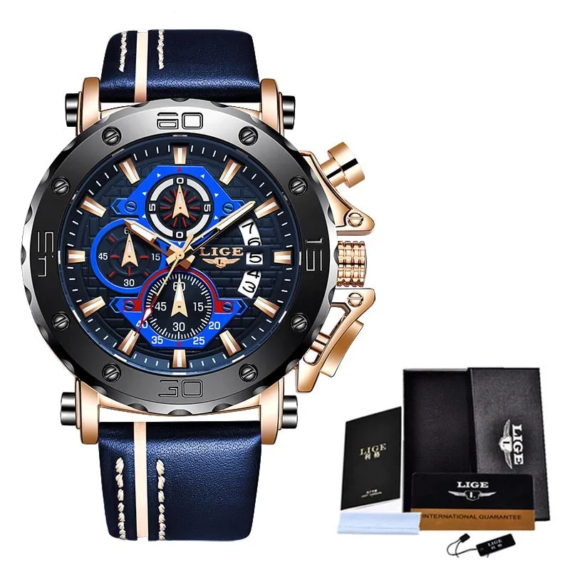 2020 LIGE New Mens Watches Top Brand Luxury Big Dial Military Quartz Watch Leather Waterproof Sport Wristwatch Relogio Masculino