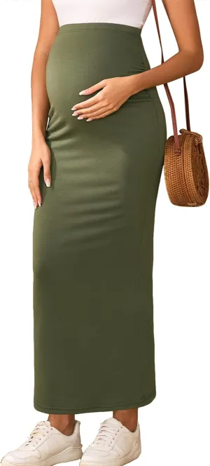 2024 Maternity Adjustable Waist Rib Knit Maxi Skirt Over The Belly Stretchy Pregnancy Long Pencil Skirts