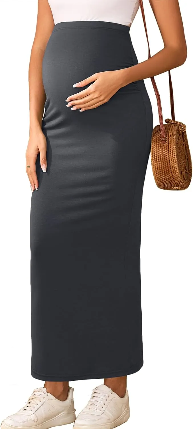 2024 Maternity Adjustable Waist Rib Knit Maxi Skirt Over The Belly Stretchy Pregnancy Long Pencil Skirts
