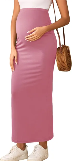 2024 Maternity Adjustable Waist Rib Knit Maxi Skirt Over The Belly Stretchy Pregnancy Long Pencil Skirts