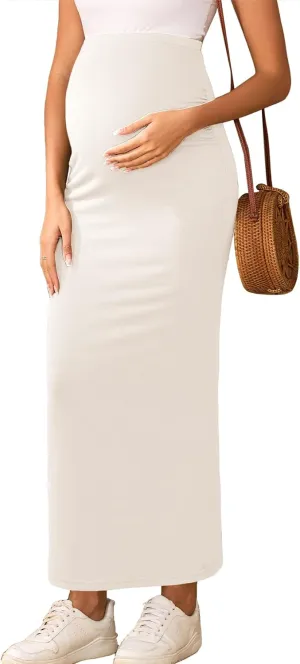 2024 Maternity Adjustable Waist Rib Knit Maxi Skirt Over The Belly Stretchy Pregnancy Long Pencil Skirts