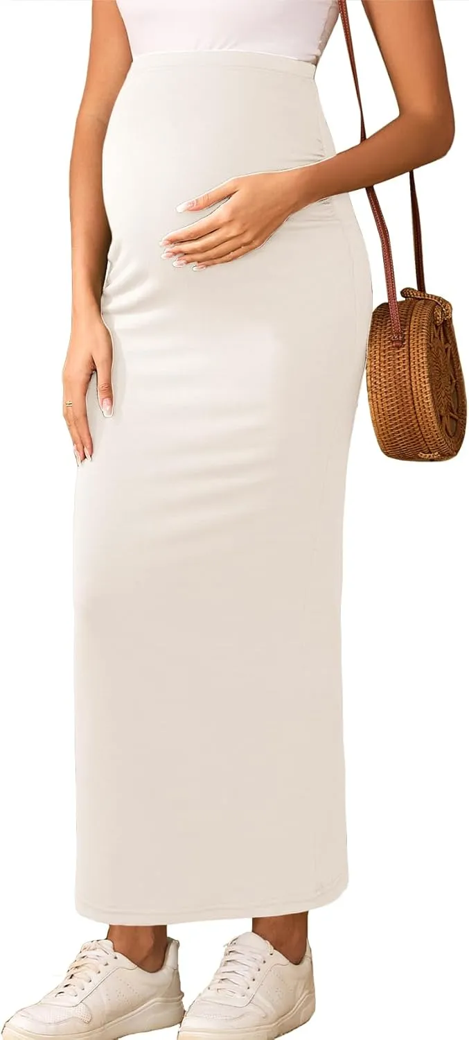 2024 Maternity Adjustable Waist Rib Knit Maxi Skirt Over The Belly Stretchy Pregnancy Long Pencil Skirts