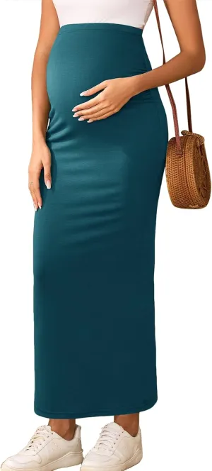 2024 Maternity Adjustable Waist Rib Knit Maxi Skirt Over The Belly Stretchy Pregnancy Long Pencil Skirts