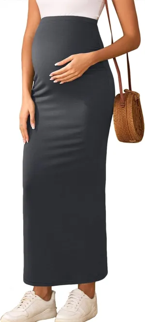 2024 Maternity Adjustable Waist Rib Knit Maxi Skirt Over The Belly Stretchy Pregnancy Long Pencil Skirts
