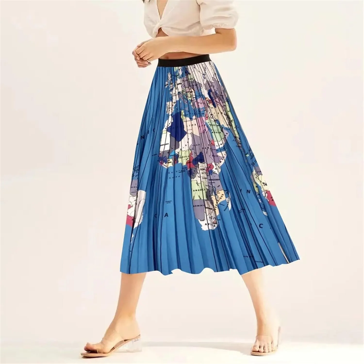2024 Spring Summer High Waist Pleated Skirt World Map Print Long Skirt for Women Elegant Ladies Midi A-line Skirt