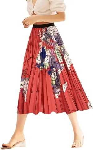 2024 Spring Summer High Waist Pleated Skirt World Map Print Long Skirt for Women Elegant Ladies Midi A-line Skirt