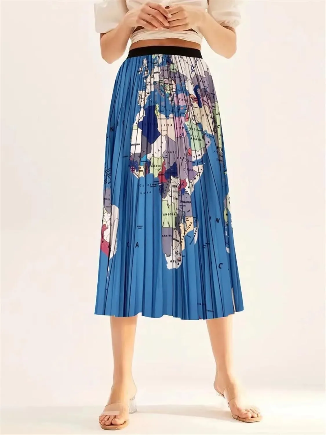 2024 Spring Summer High Waist Pleated Skirt World Map Print Long Skirt for Women Elegant Ladies Midi A-line Skirt