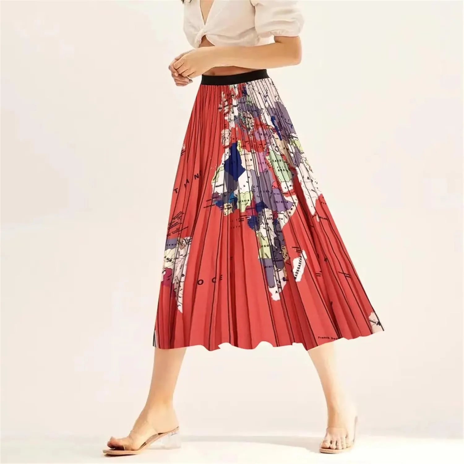 2024 Spring Summer High Waist Pleated Skirt World Map Print Long Skirt for Women Elegant Ladies Midi A-line Skirt