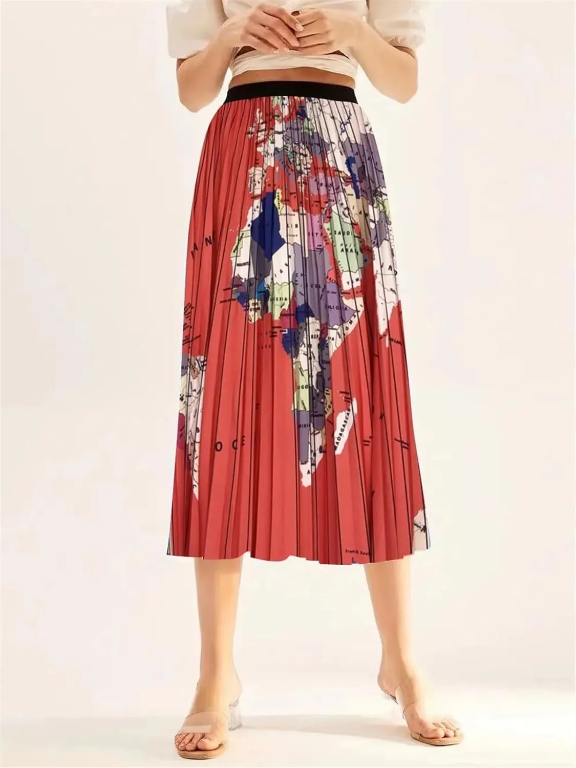 2024 Spring Summer High Waist Pleated Skirt World Map Print Long Skirt for Women Elegant Ladies Midi A-line Skirt