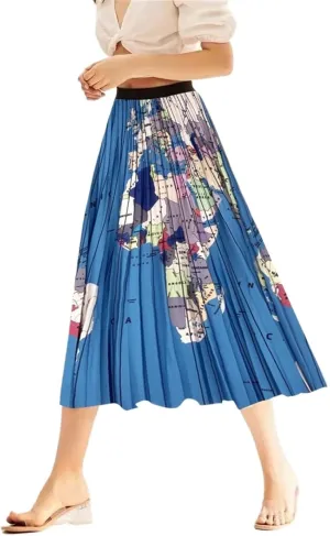 2024 Spring Summer High Waist Pleated Skirt World Map Print Long Skirt for Women Elegant Ladies Midi A-line Skirt