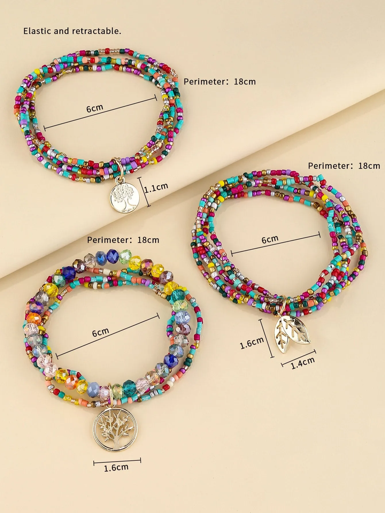 3pcs Leaf Charm Multicolor Beaded Bracelet for Women Crafted Jewelry Stackable