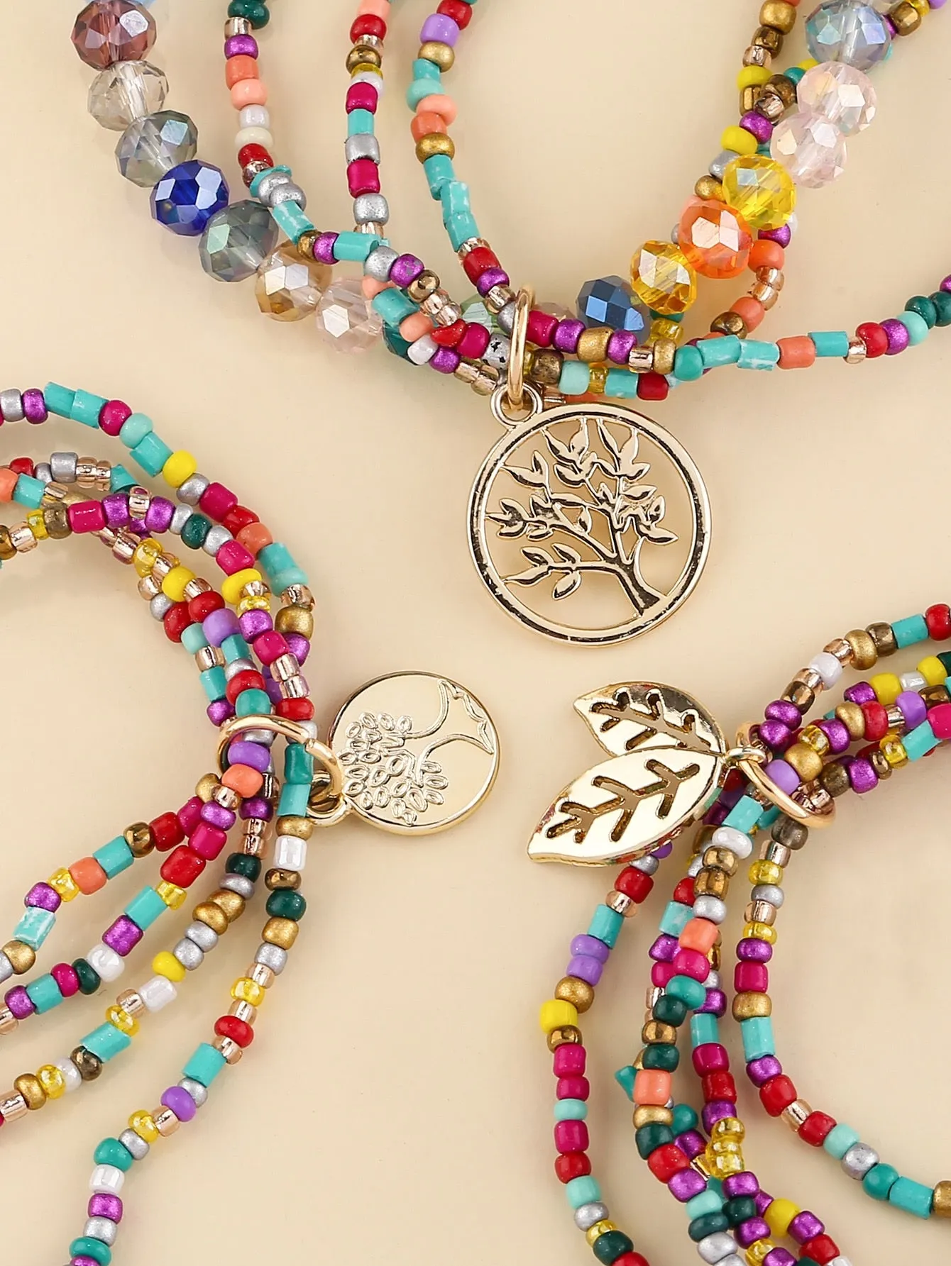 3pcs Leaf Charm Multicolor Beaded Bracelet for Women Crafted Jewelry Stackable