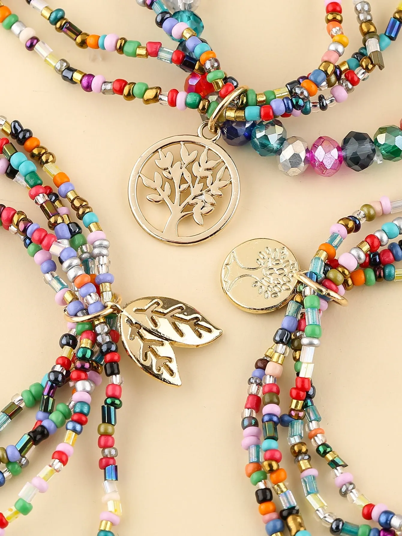 3pcs Leaf Charm Multicolor Beaded Bracelet for Women Crafted Jewelry Stackable