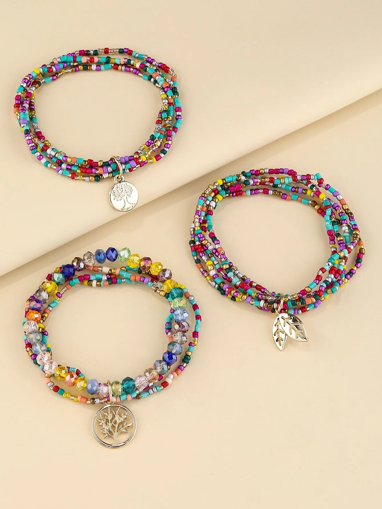 3pcs Leaf Charm Multicolor Beaded Bracelet for Women Crafted Jewelry Stackable