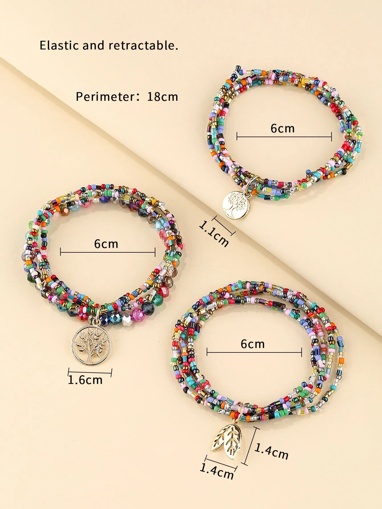 3pcs Leaf Charm Multicolor Beaded Bracelet for Women Crafted Jewelry Stackable