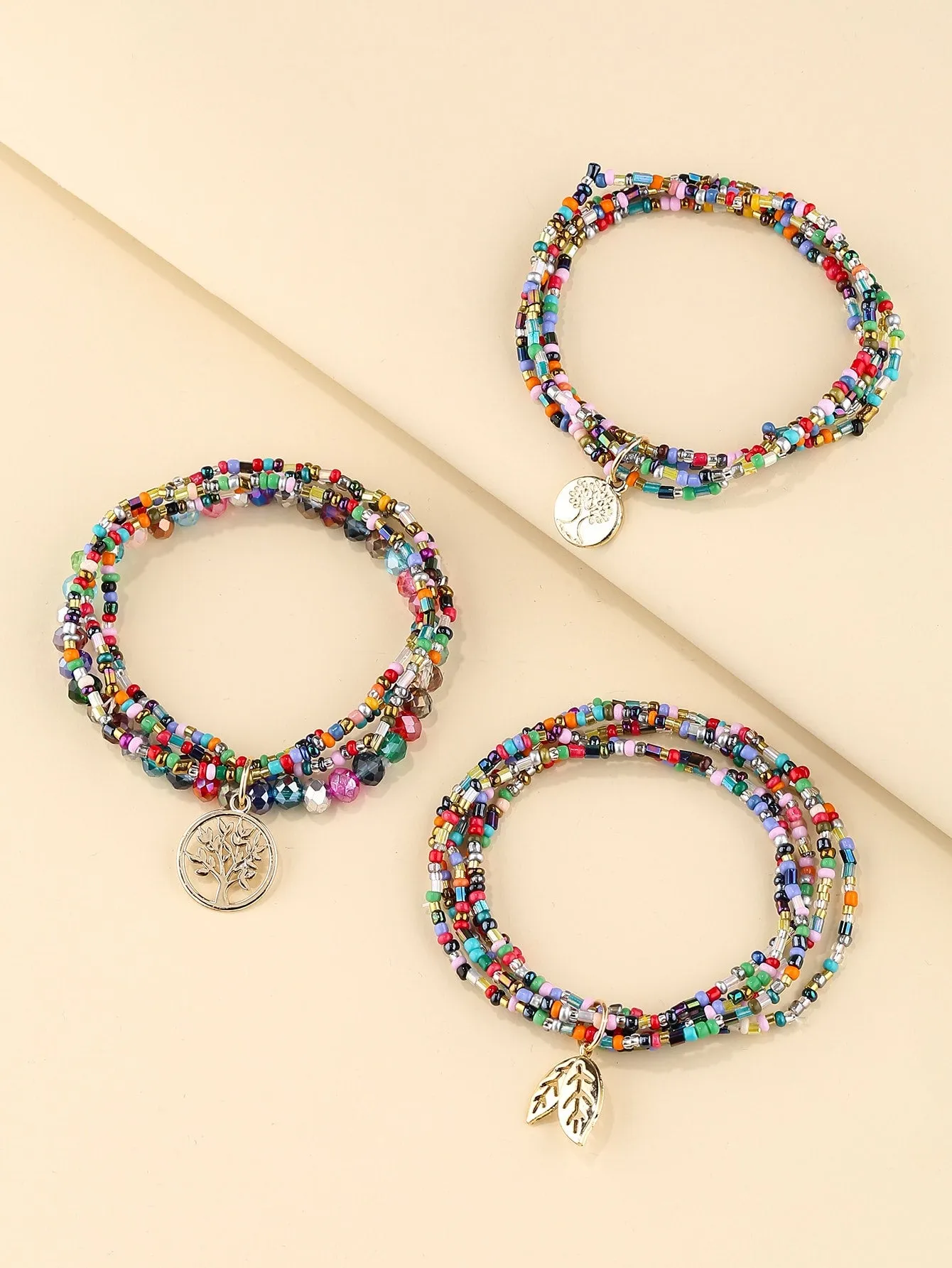 3pcs Leaf Charm Multicolor Beaded Bracelet for Women Crafted Jewelry Stackable