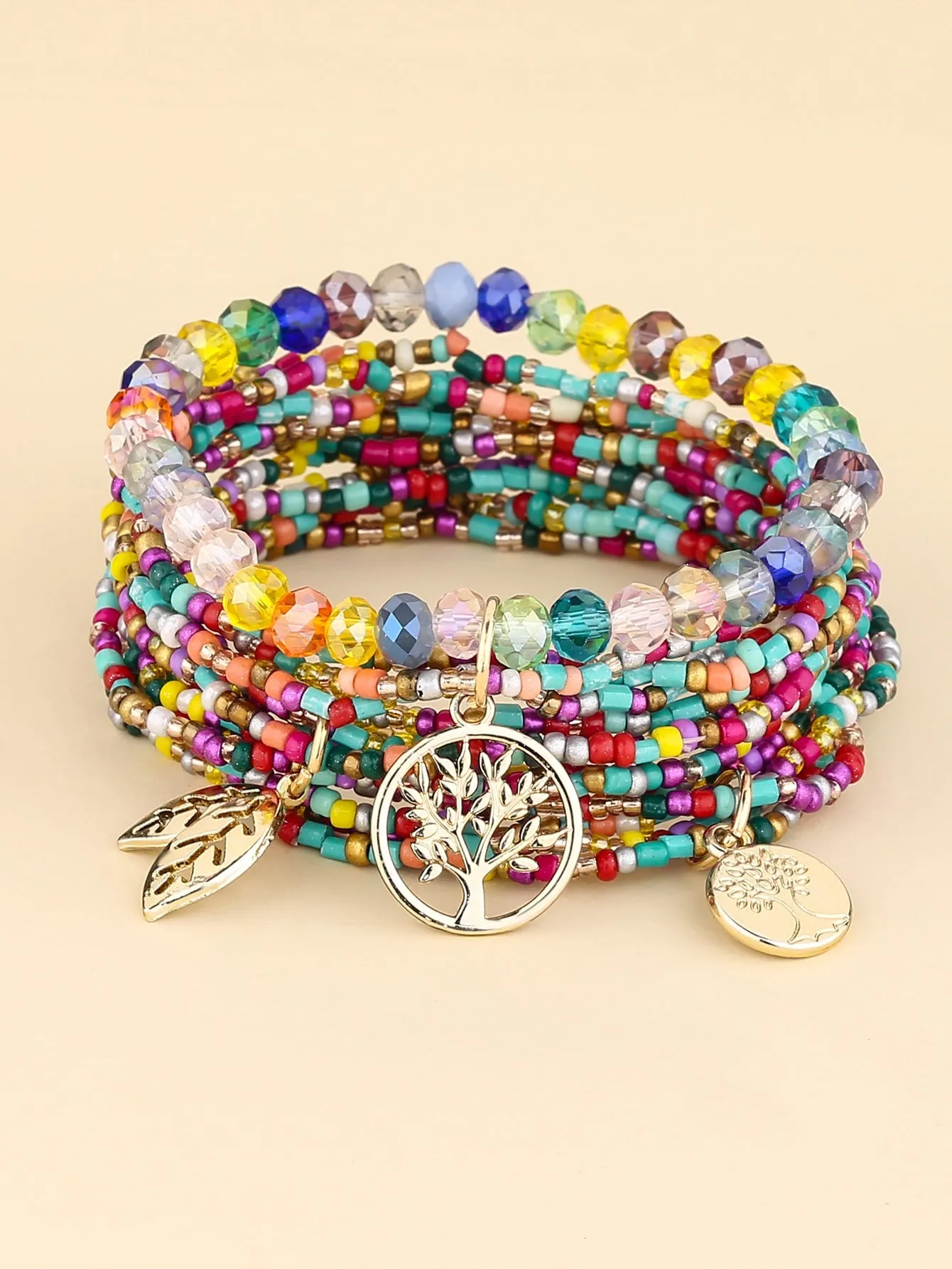 3pcs Leaf Charm Multicolor Beaded Bracelet for Women Crafted Jewelry Stackable