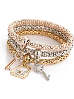 3pcs/set Fashion Zinc Alloy Lock & Key Charm Bracelet