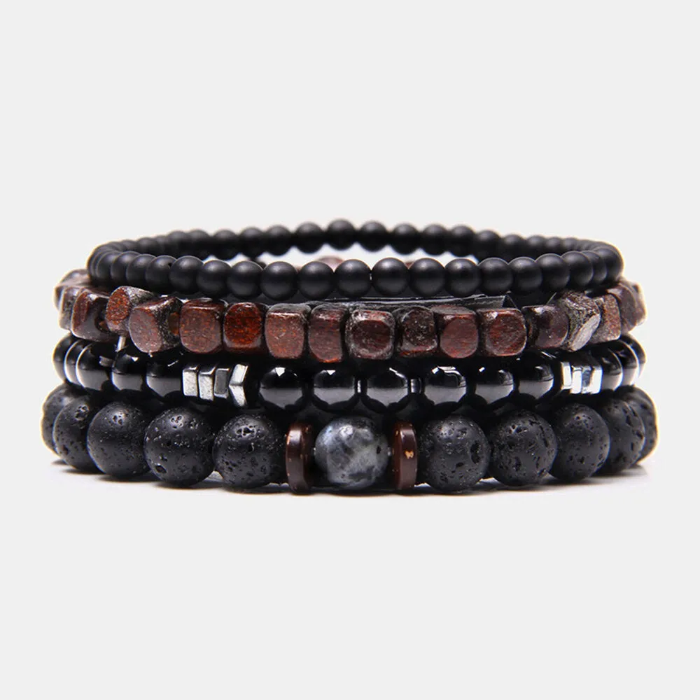 4 Pcs Men Vintage Casual Natural Volcanic Stone Hematite Wood Bead Bracelets