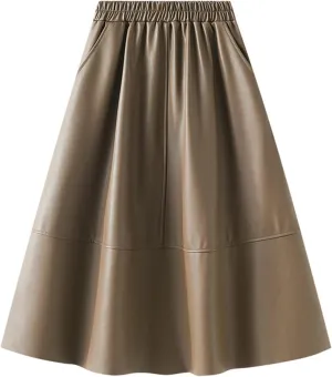 A-line Midi Pleated Skirts Faux Leather Flare Skirt with Pockets