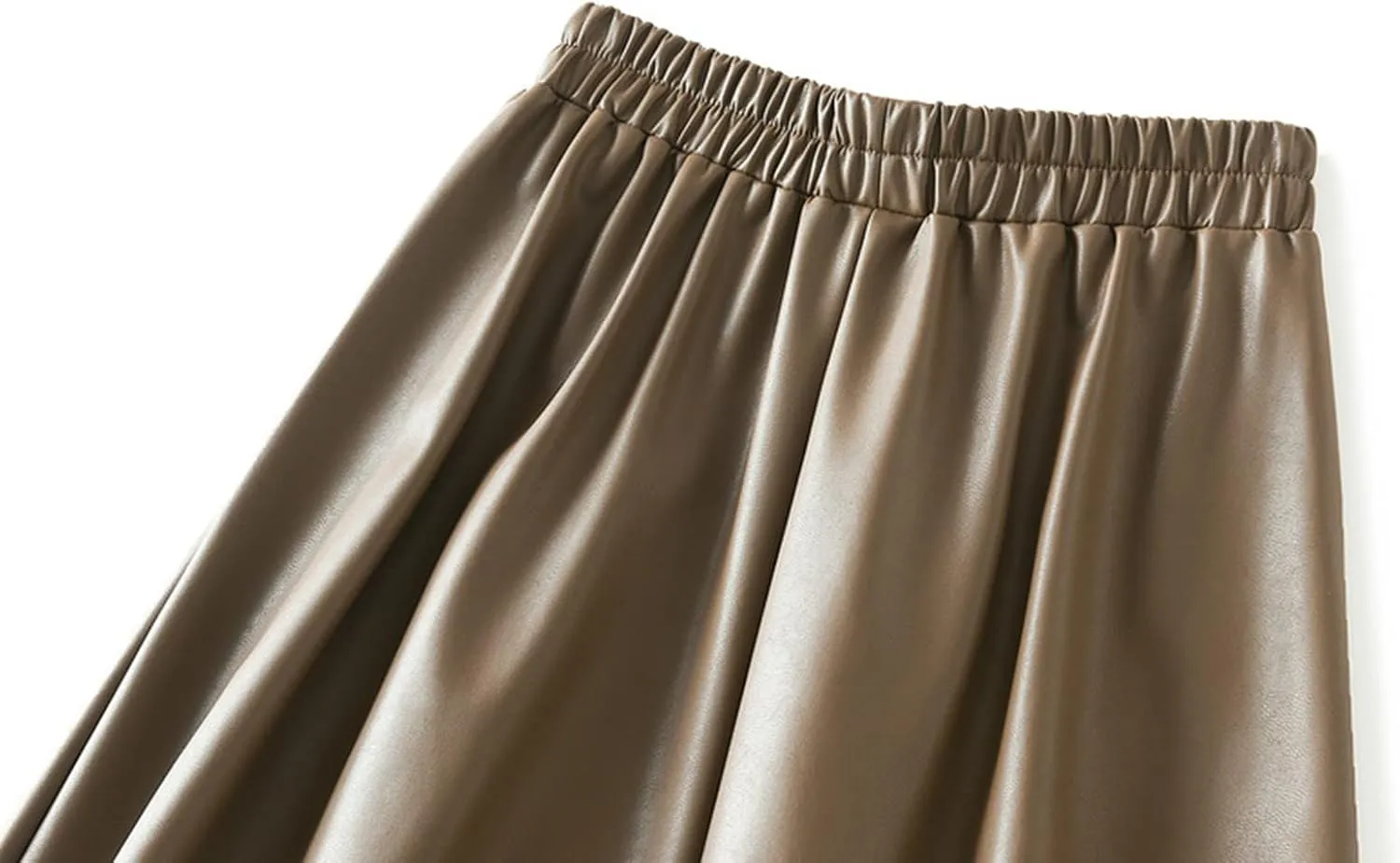 A-line Midi Pleated Skirts Faux Leather Flare Skirt with Pockets