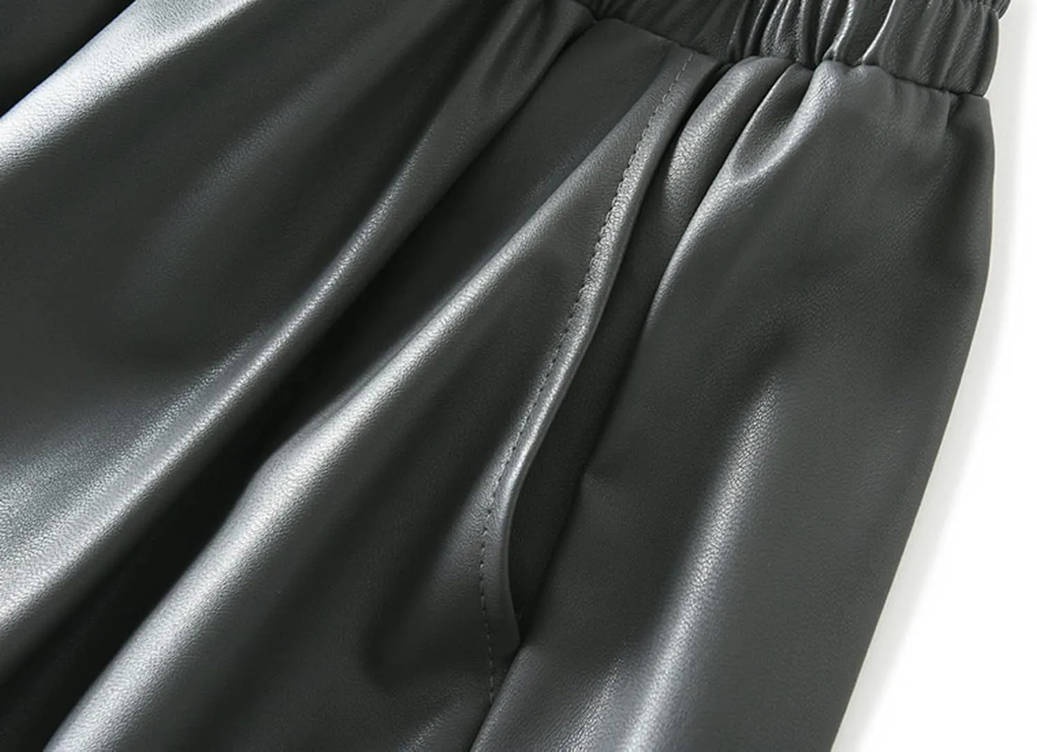 A-line Midi Pleated Skirts Faux Leather Flare Skirt with Pockets