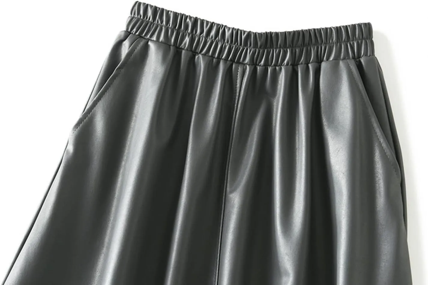 A-line Midi Pleated Skirts Faux Leather Flare Skirt with Pockets