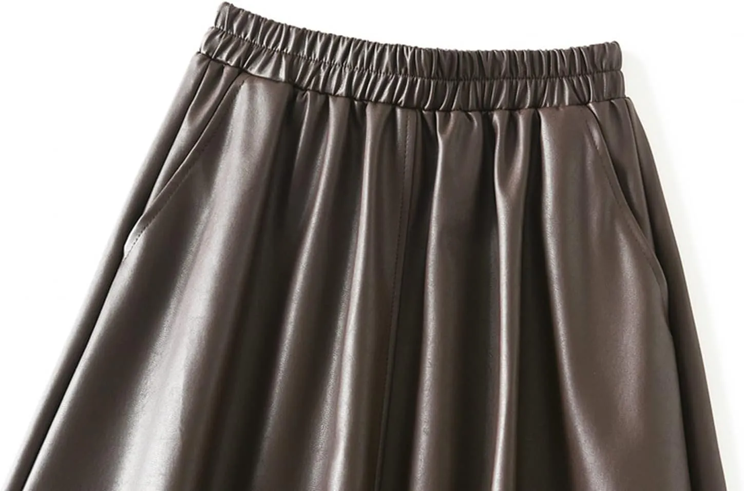A-line Midi Pleated Skirts Faux Leather Flare Skirt with Pockets