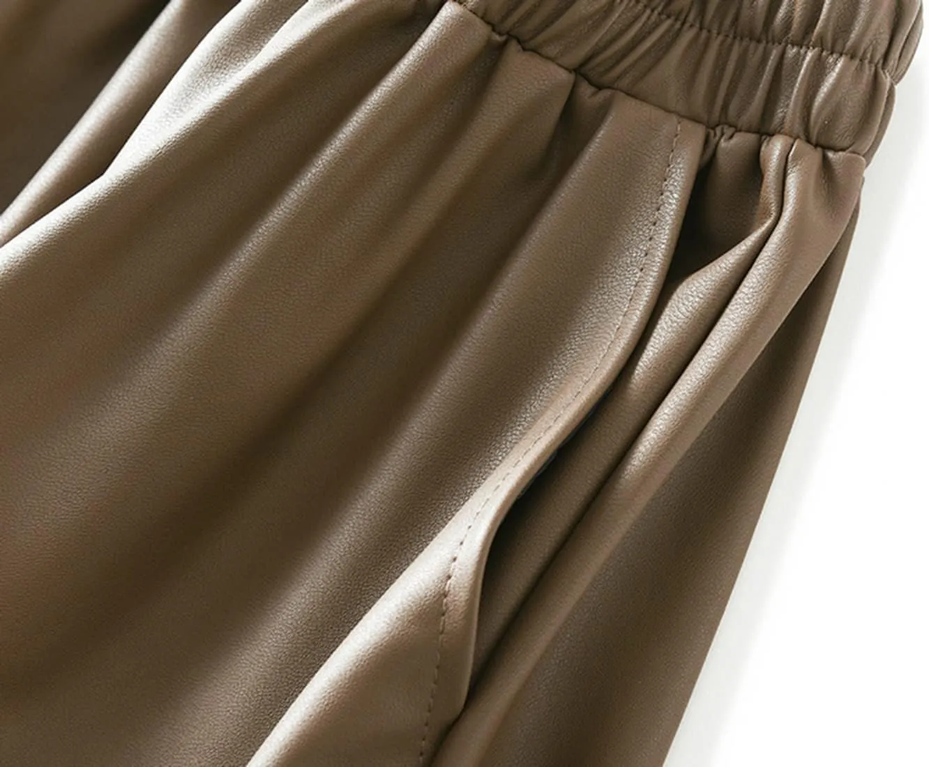 A-line Midi Pleated Skirts Faux Leather Flare Skirt with Pockets