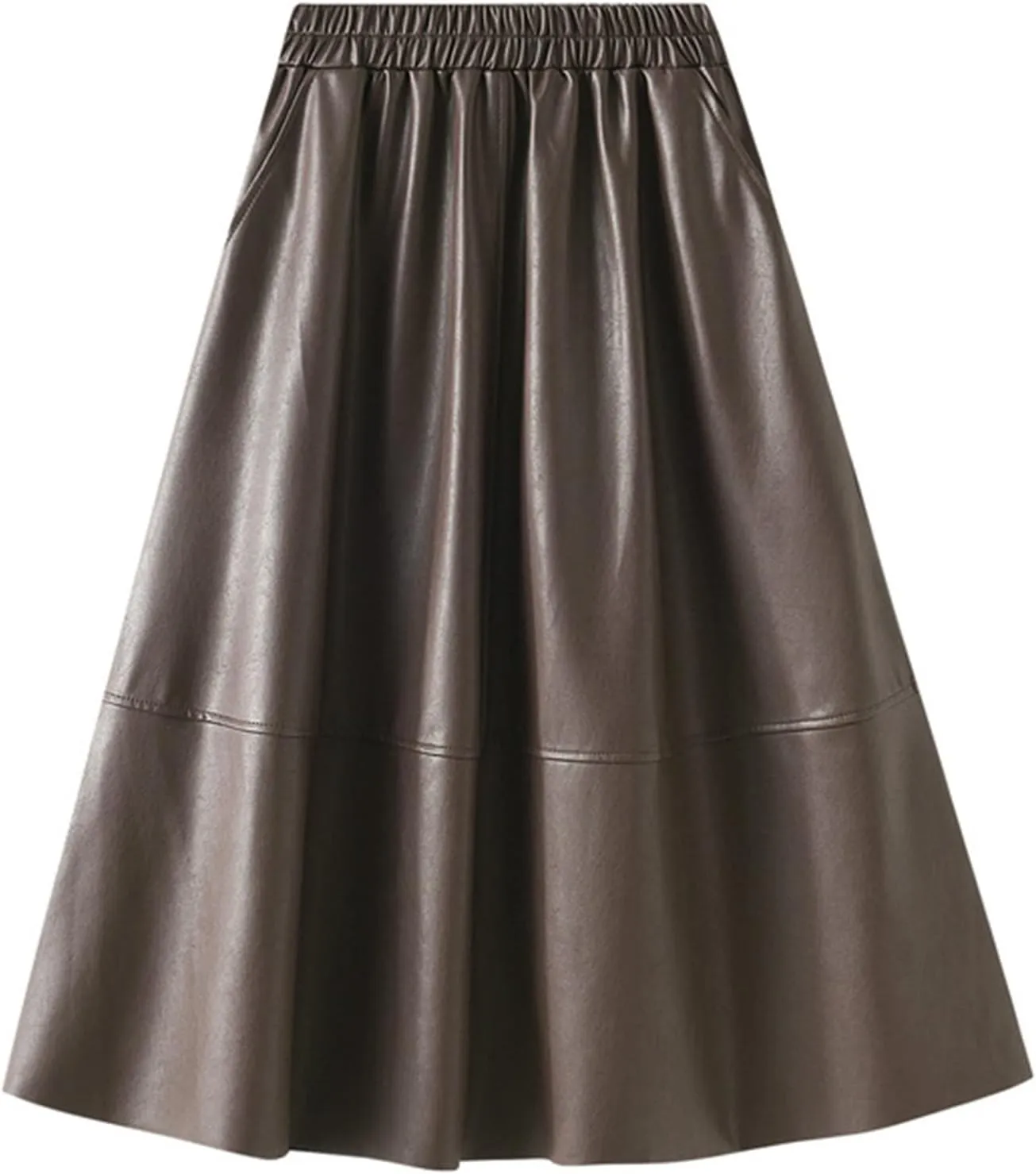 A-line Midi Pleated Skirts Faux Leather Flare Skirt with Pockets
