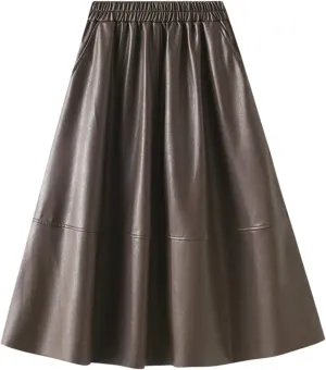 A-line Midi Pleated Skirts Faux Leather Flare Skirt with Pockets