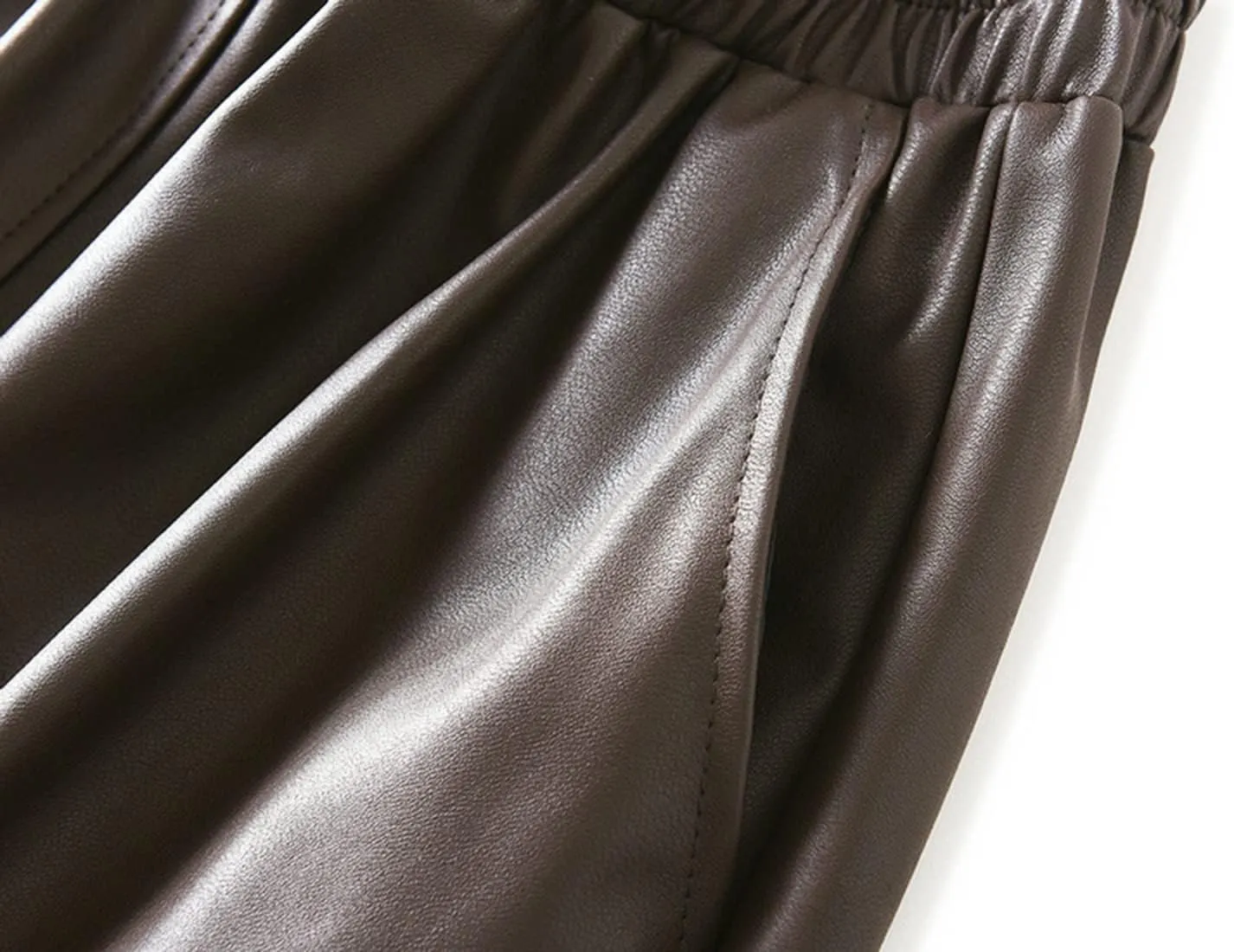 A-line Midi Pleated Skirts Faux Leather Flare Skirt with Pockets