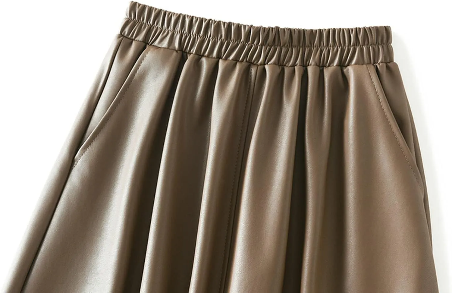A-line Midi Pleated Skirts Faux Leather Flare Skirt with Pockets