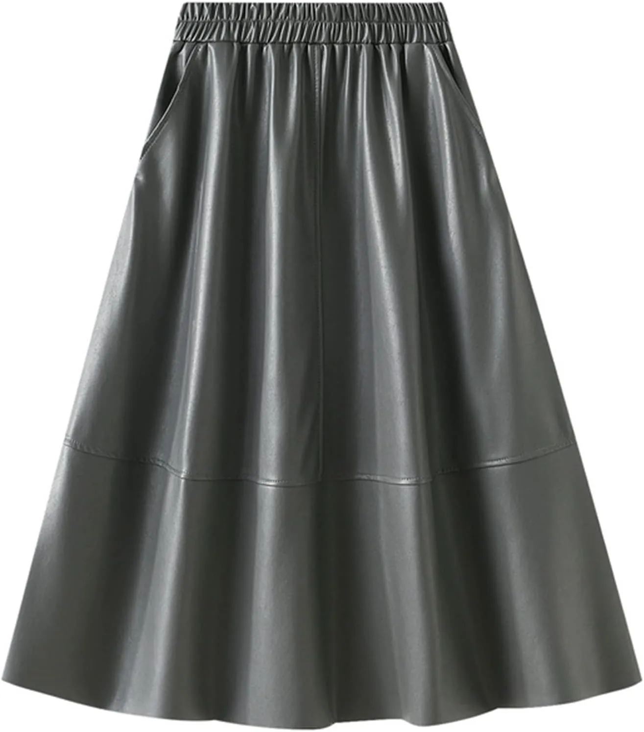 A-line Midi Pleated Skirts Faux Leather Flare Skirt with Pockets